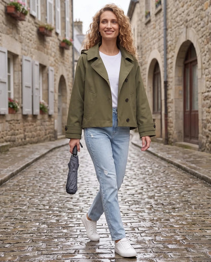 Women's short hooded trench jacket with button front and long sleeves