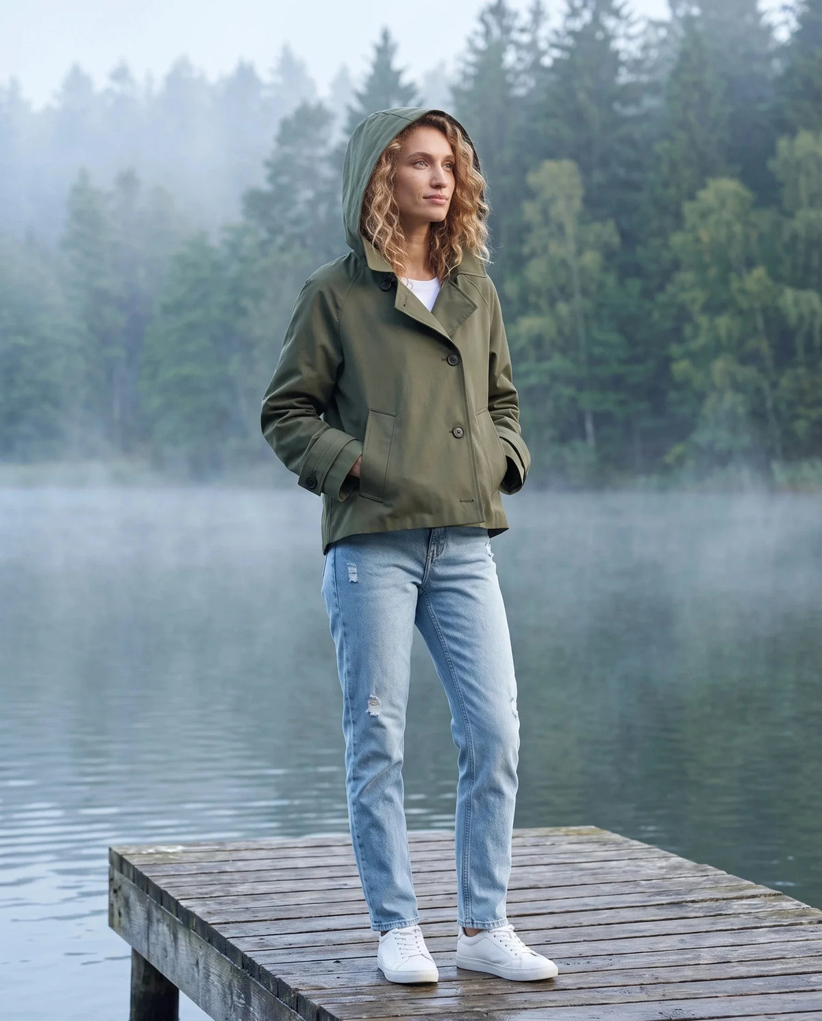 Women's short hooded trench jacket with button front and long sleeves