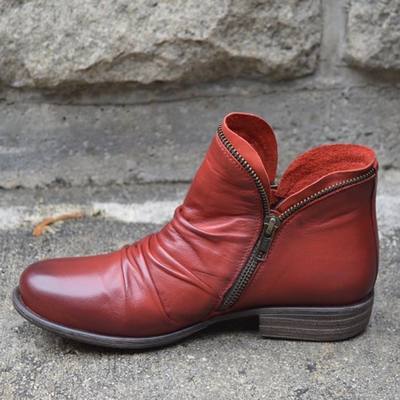 Women's ruched ankle boots with side zipper and low heel