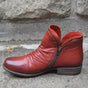 Women's ankle boots with ruched upper, side zipper, round toe and low heel