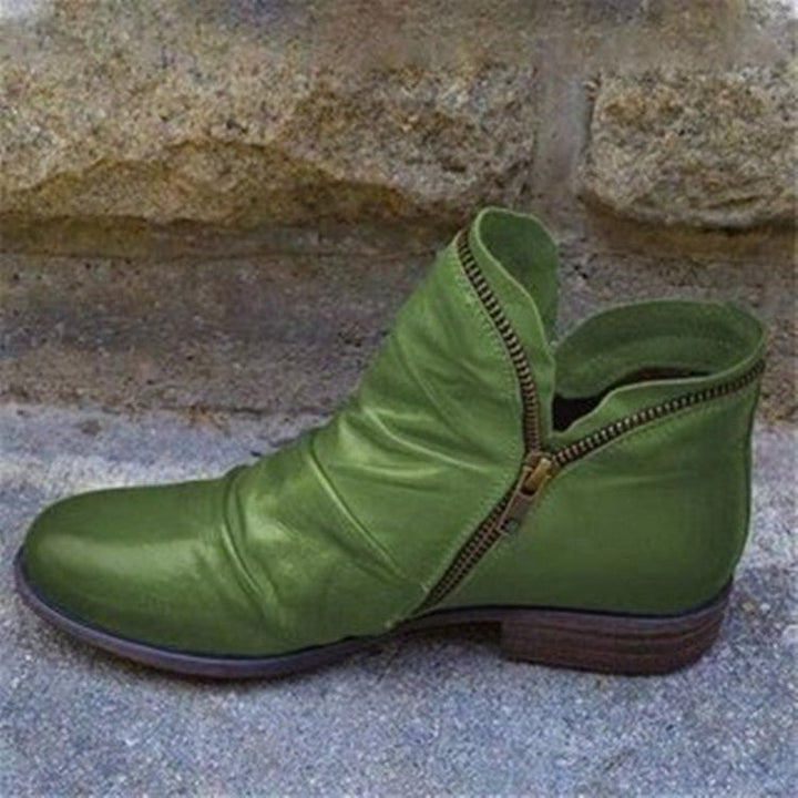 Women's ruched ankle boots with side zipper and low heel