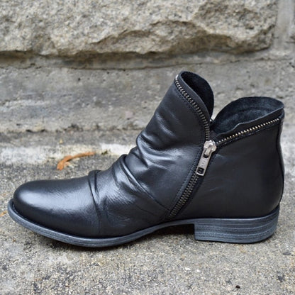 Women's ankle boots with ruched upper, side zipper, round toe and low heel