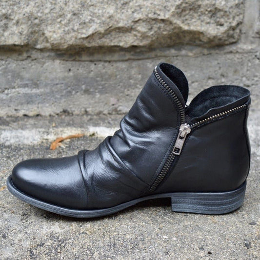 Women's ankle boots with ruched upper, side zipper, round toe and low heel