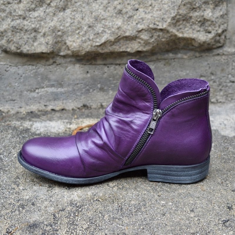 Women's ruched ankle boots with side zipper and low heel