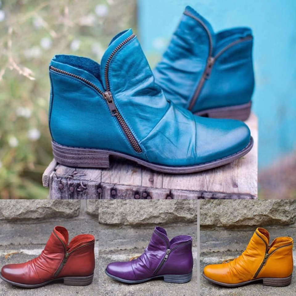 Women's ankle boots with ruched upper, side zipper, round toe and low heel