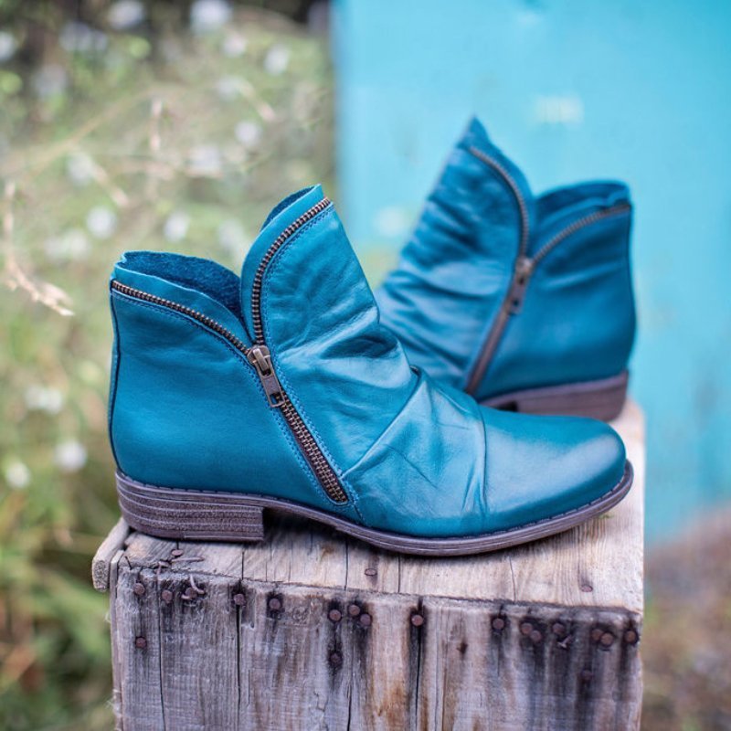 Women's ankle boots with ruched upper, side zipper, round toe and low heel