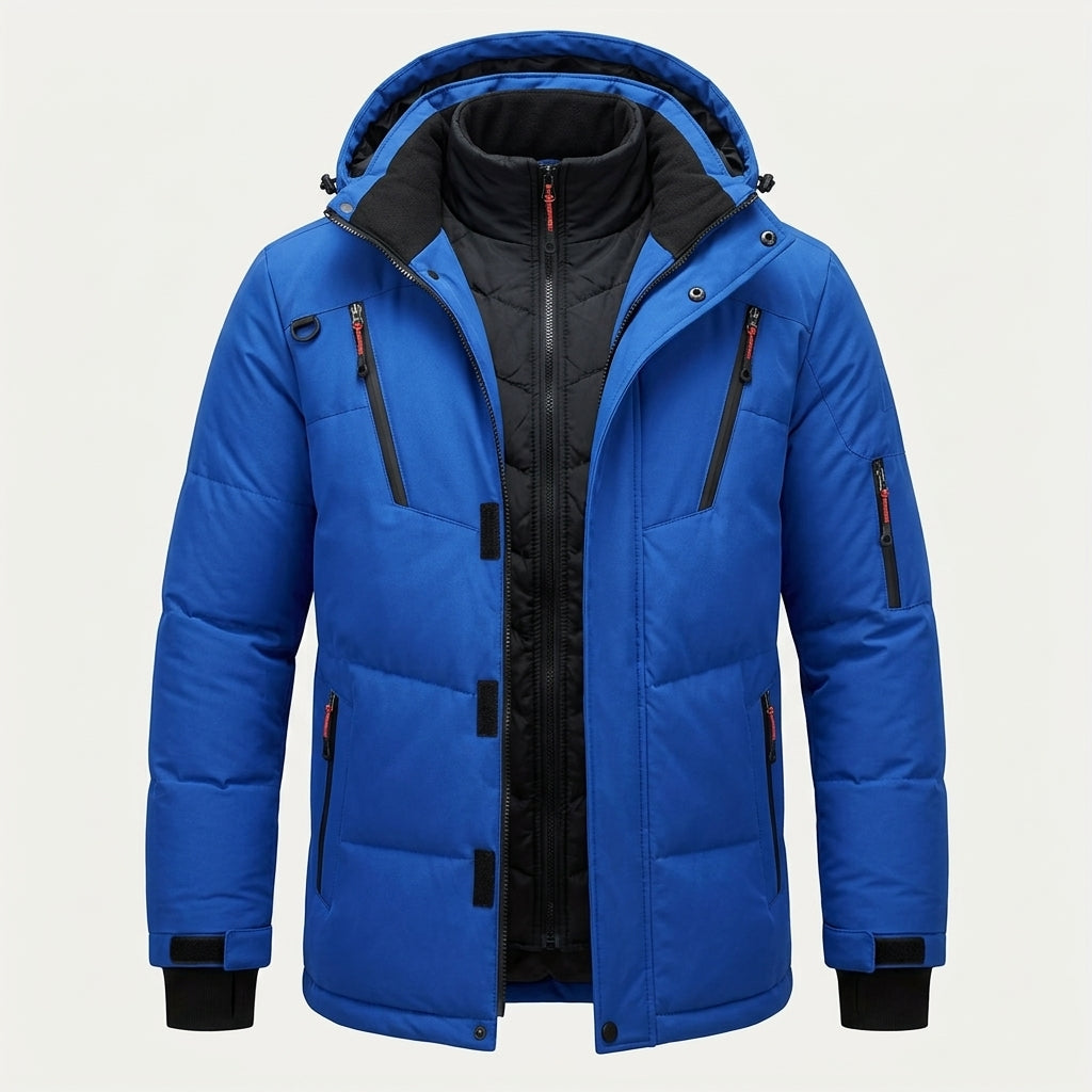 Men's quilted hooded winter jacket with zipped pockets and snap placket