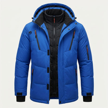 Men's quilted hooded winter jacket with zipped pockets and snap placket