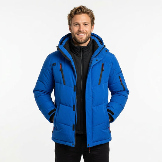 Men's quilted hooded winter jacket with zipped pockets and snap placket
