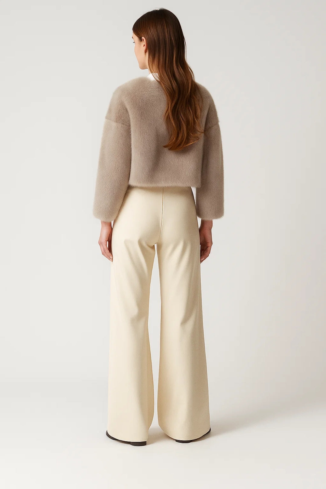 Women's short textured jacket shown in beige and black with long sleeves and an open front