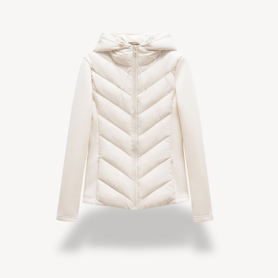 Women's hooded quilted jacket with chevron stitching and zip front