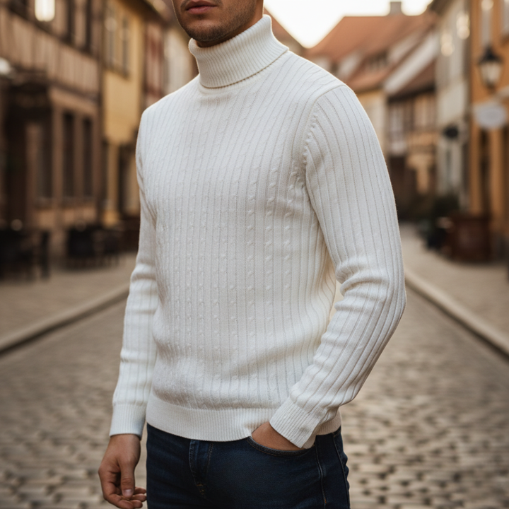 Men's textured cable knit turtleneck sweater