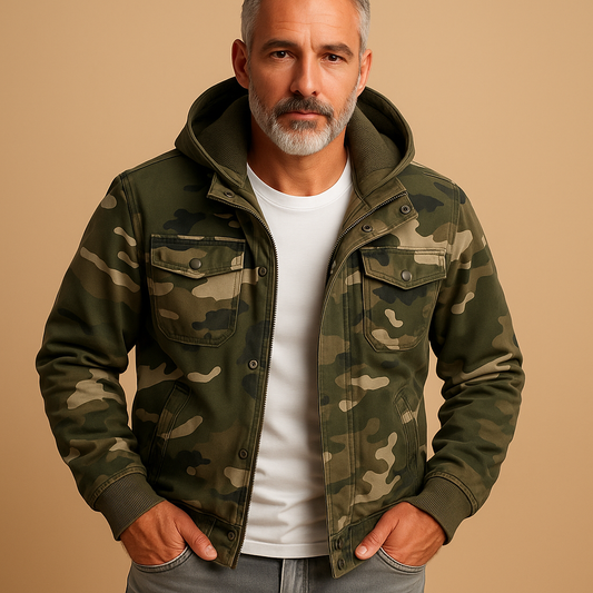 Men's camouflage hooded jacket with long sleeves, chest pockets and ribbed cuffs