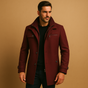 Men's structured winter jacket with stand collar, front zipper, buttons, pockets and adjustable cuffs
