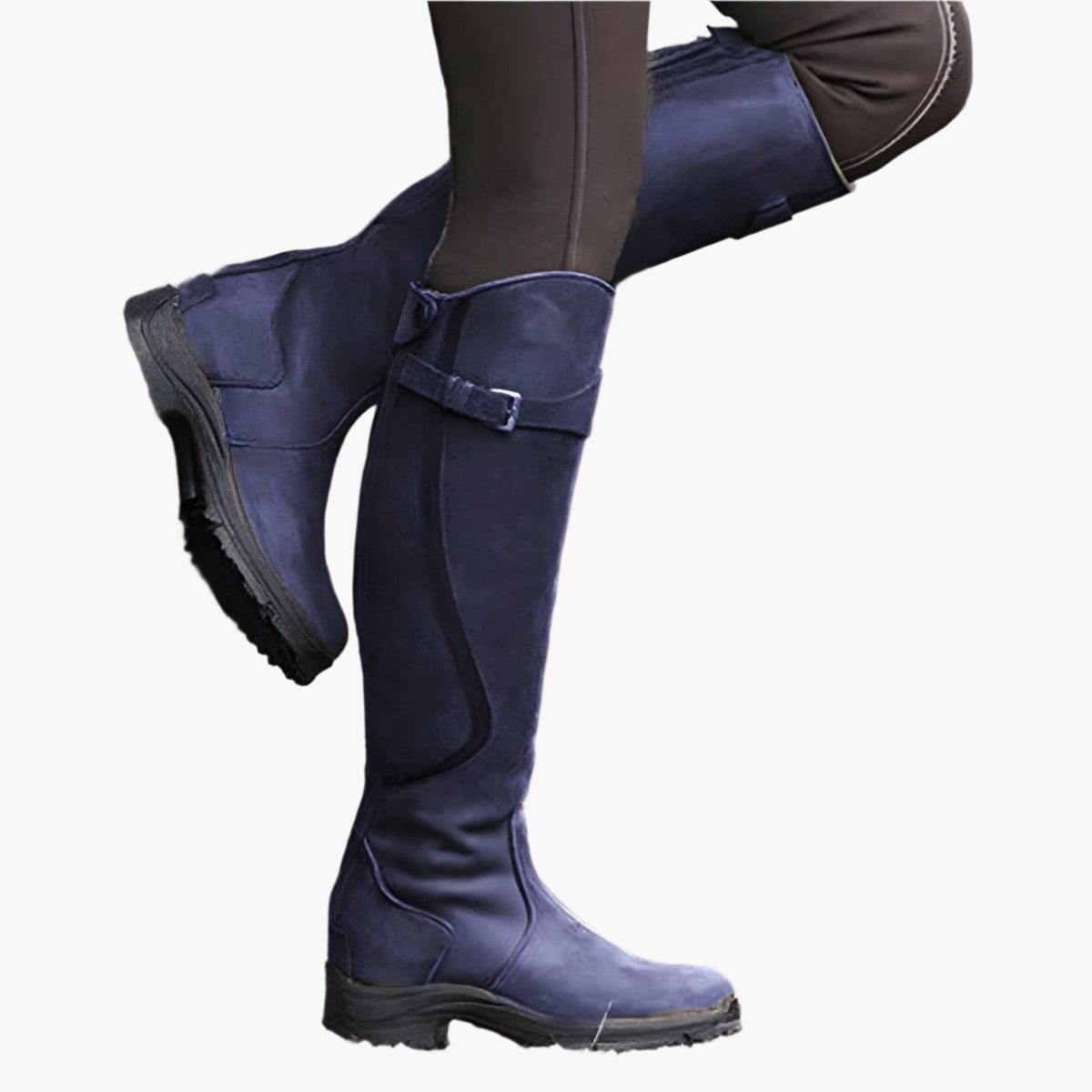 Tall women's riding boots with buckle straps, rounded toes and low heels