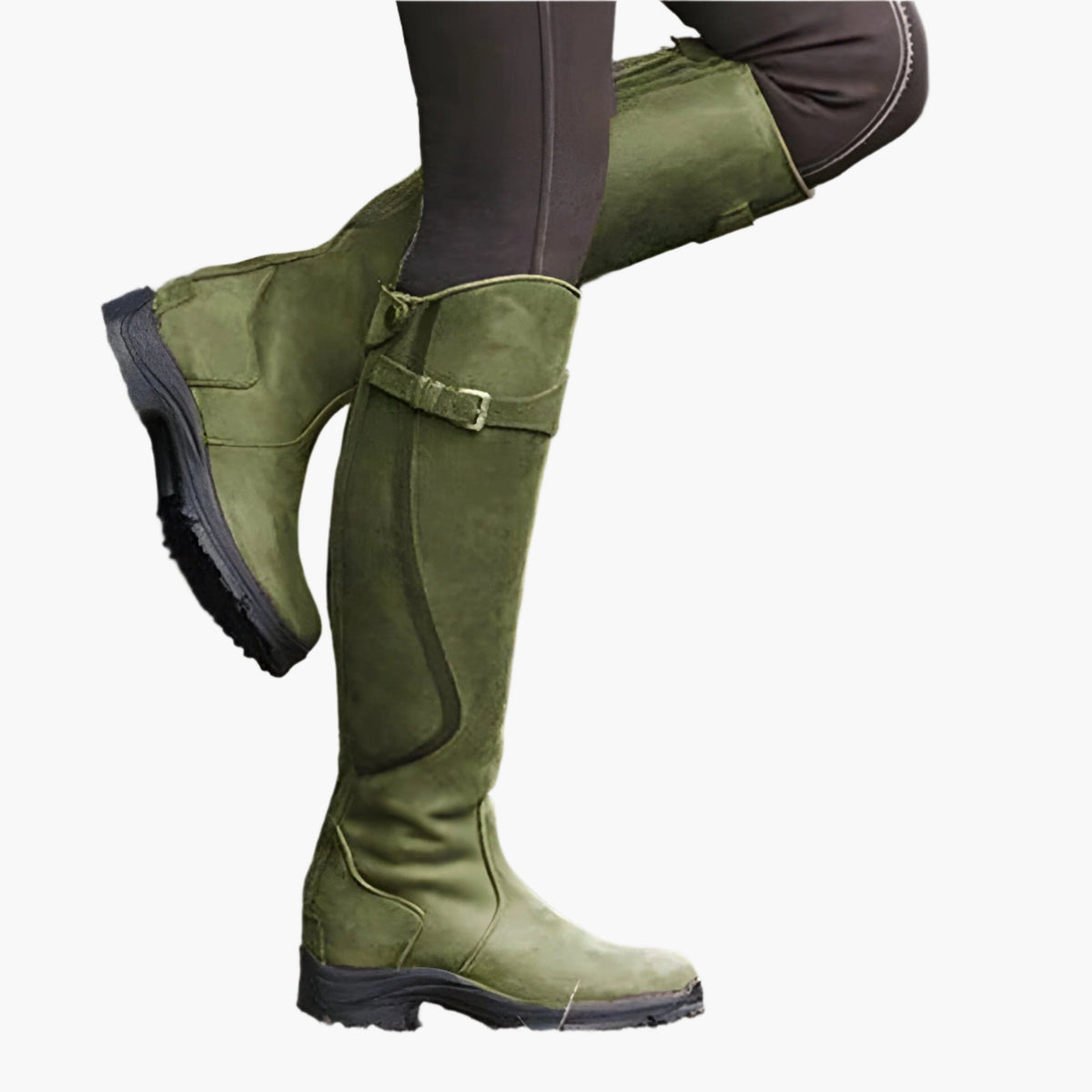 Tall women's riding boots with buckle straps, rounded toes and low heels