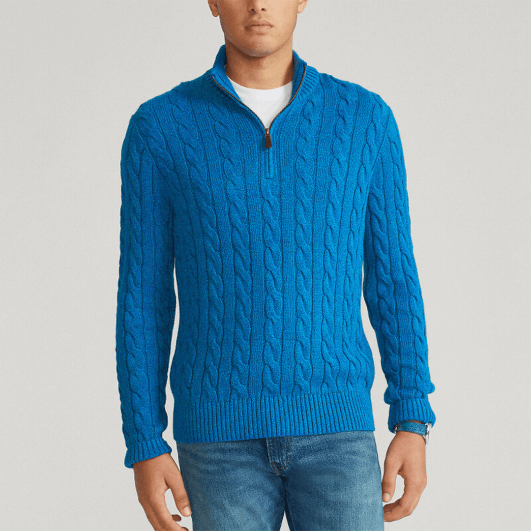 Men's cable knit quarter-zip sweater with stand collar and long sleeves