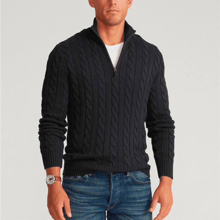 Men's cable knit quarter-zip sweater with stand collar and long sleeves