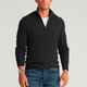Men's cable knit quarter-zip sweater with stand collar and long sleeves