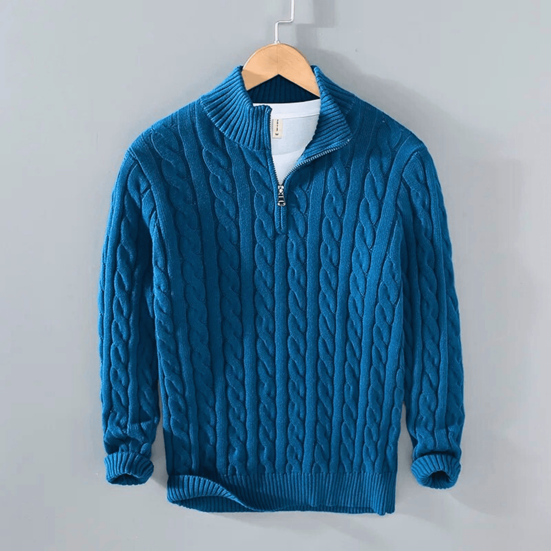 Men's cable knit quarter-zip sweater with stand collar and long sleeves