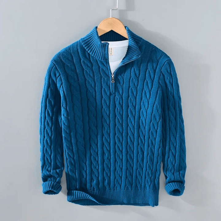 Men's cable knit quarter-zip sweater with stand collar and long sleeves