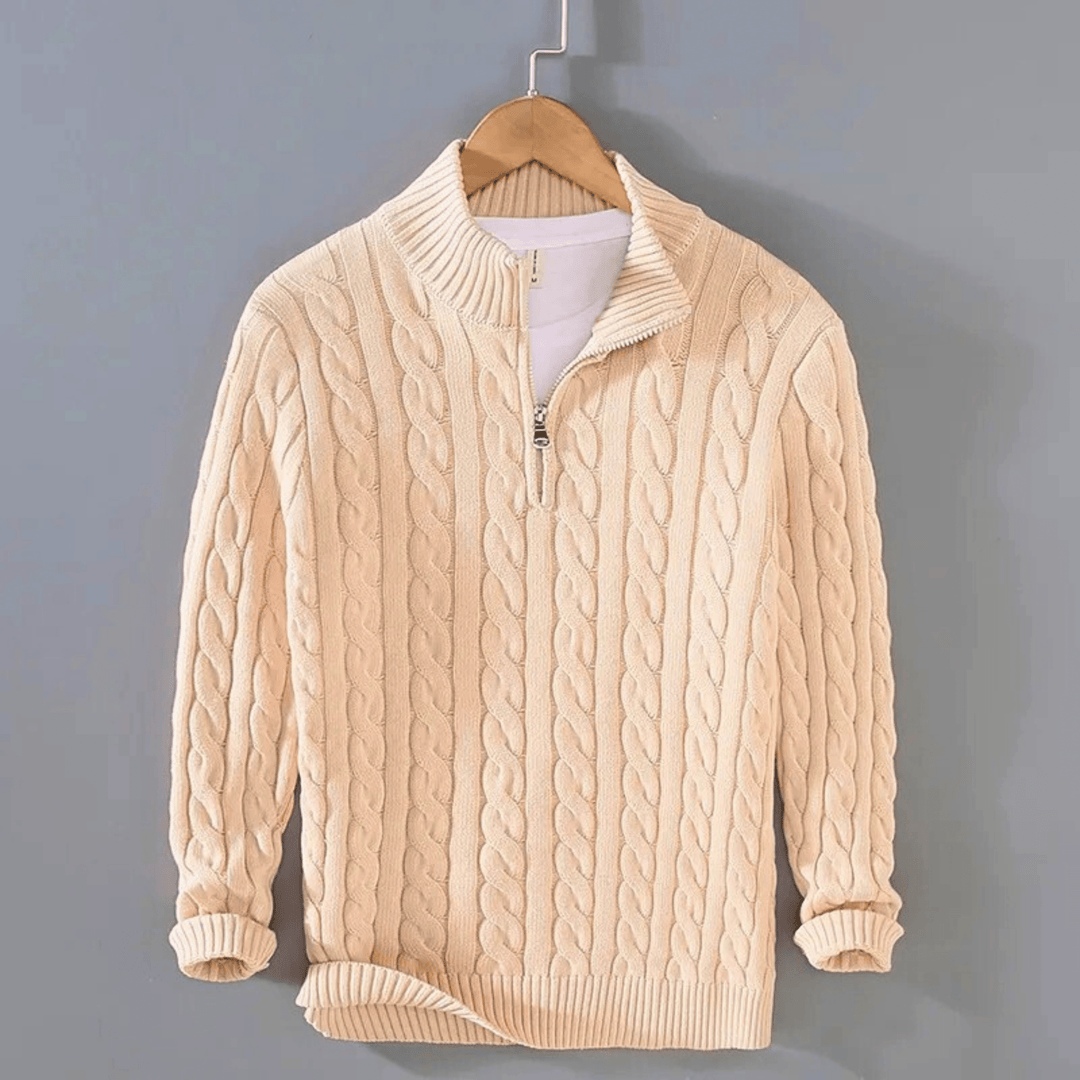 Men's cable knit quarter-zip sweater with stand collar and long sleeves