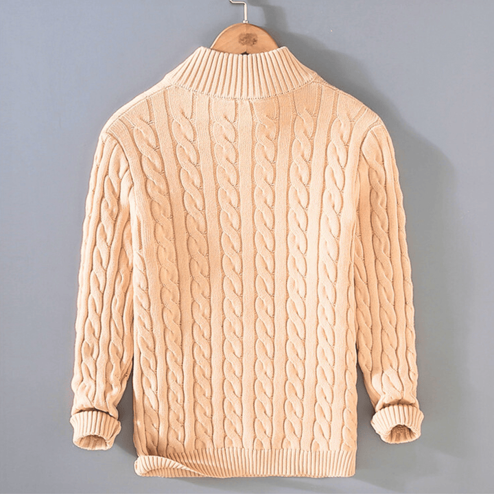 Men's cable knit quarter-zip sweater with stand collar and long sleeves