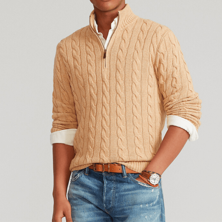 Men's cable knit quarter-zip sweater with stand collar and long sleeves