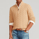 Men's cable knit quarter-zip sweater with stand collar and long sleeves