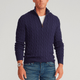 Men's cable knit quarter-zip sweater with stand collar and long sleeves