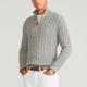 Men's cable knit quarter-zip sweater with stand collar and long sleeves