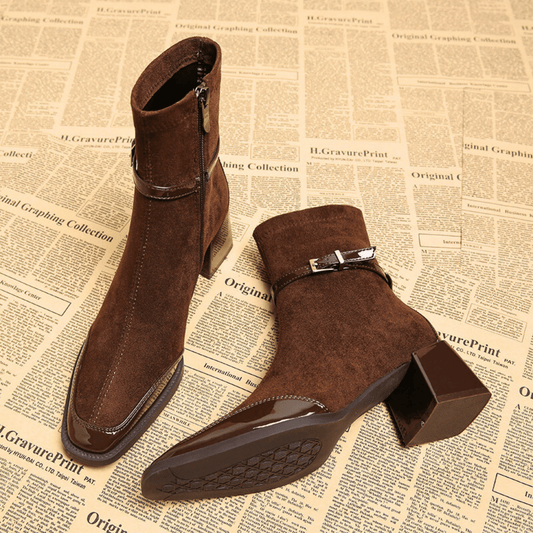 Women's square-toe ankle boots with buckle straps, side zippers and block heels