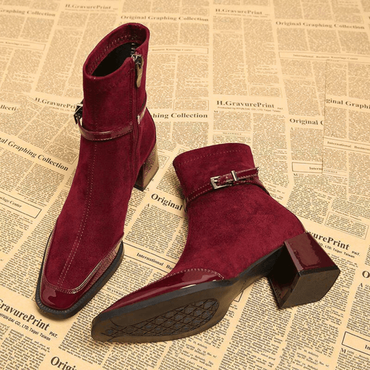 Women's square-toe ankle boots with buckle straps, side zippers and block heels
