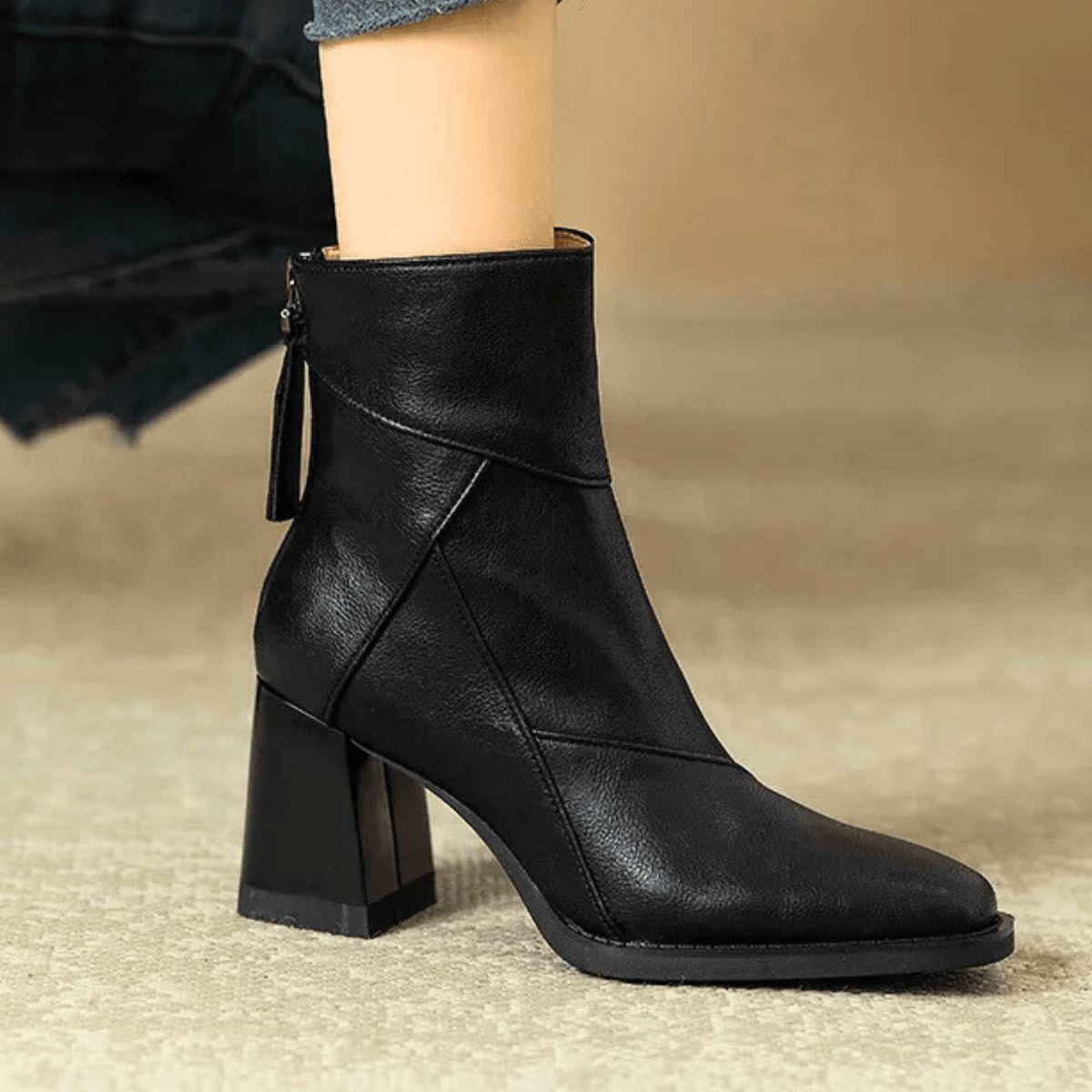 Pointed toe ankle boots with high block heels and side tassel detail