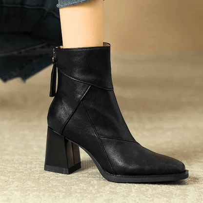 Pointed toe ankle boots with high block heels and side tassel detail