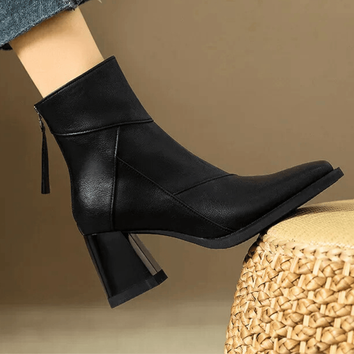 Pointed toe ankle boots with high block heels and side tassel detail
