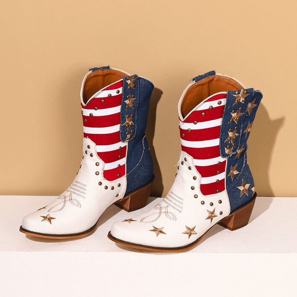 White western boots with red striped shafts, blue panels and gold star details