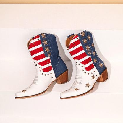 White western boots with red striped shafts, blue panels and gold star details