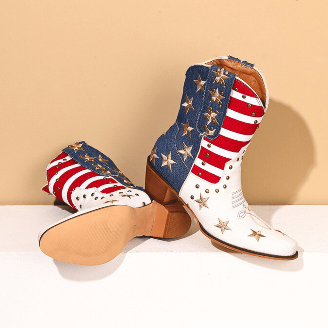White western boots with red striped shafts, blue panels and gold star details