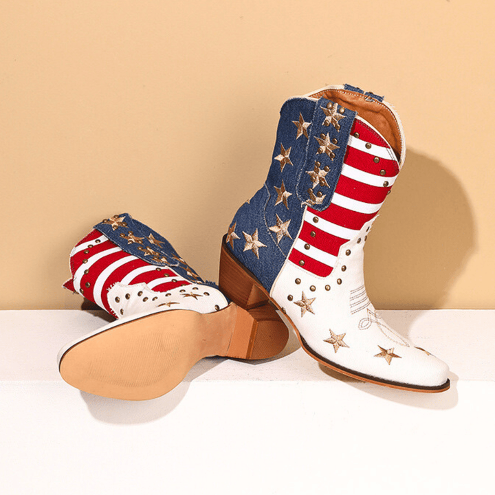 White western boots with red striped shafts, blue panels and gold star details