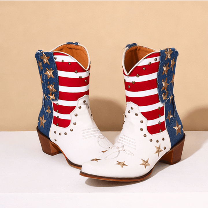 White western boots with red striped shafts, blue panels and gold star details