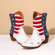 White western boots with red striped shafts, blue panels and gold star details