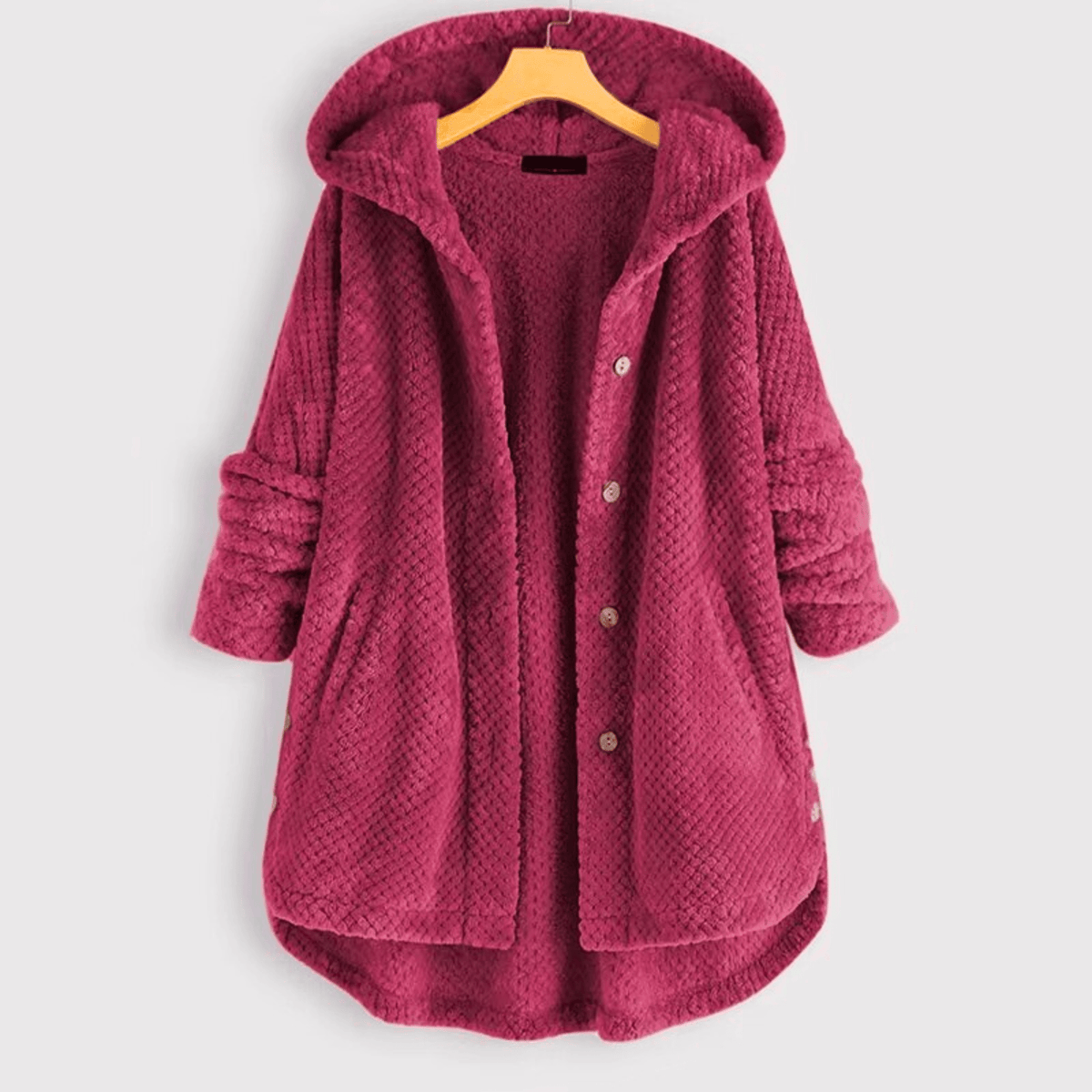 Women's hooded textured fleece coat with button front and patch pockets