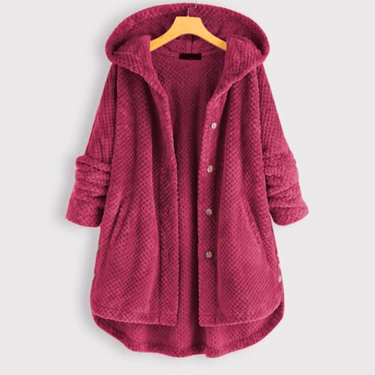 Women's hooded textured fleece coat with button front and patch pockets