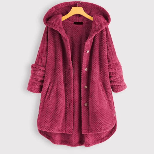 Women's hooded textured fleece coat with button front and patch pockets