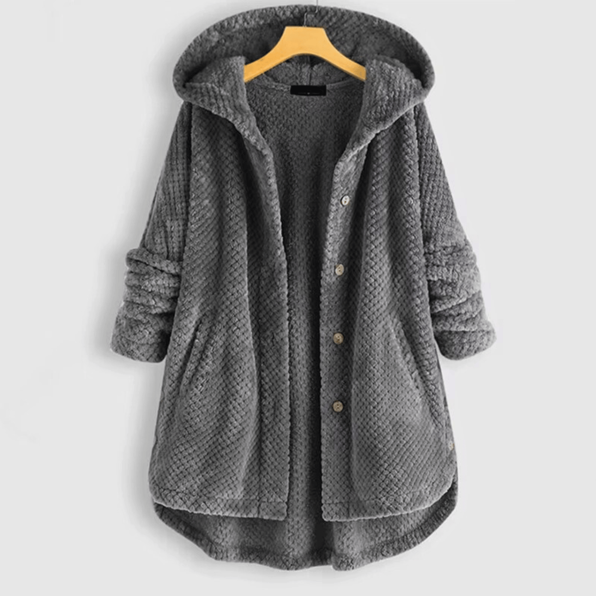 Women's hooded textured fleece coat with button front and patch pockets