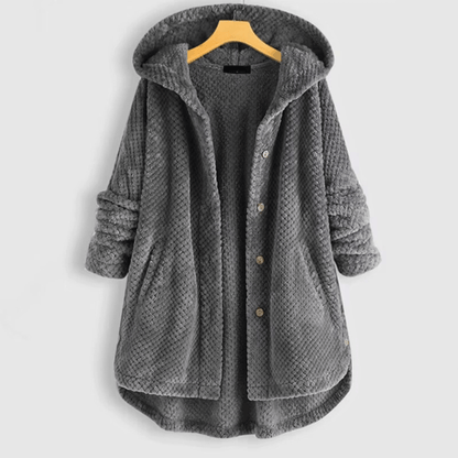 Women's hooded textured fleece coat with button front and patch pockets