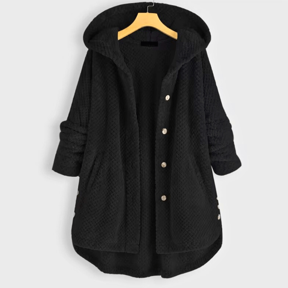 Women's hooded textured fleece coat with button front and patch pockets