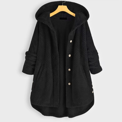 Women's hooded textured fleece coat with button front and patch pockets