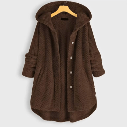 Women's hooded textured fleece coat with button front and patch pockets